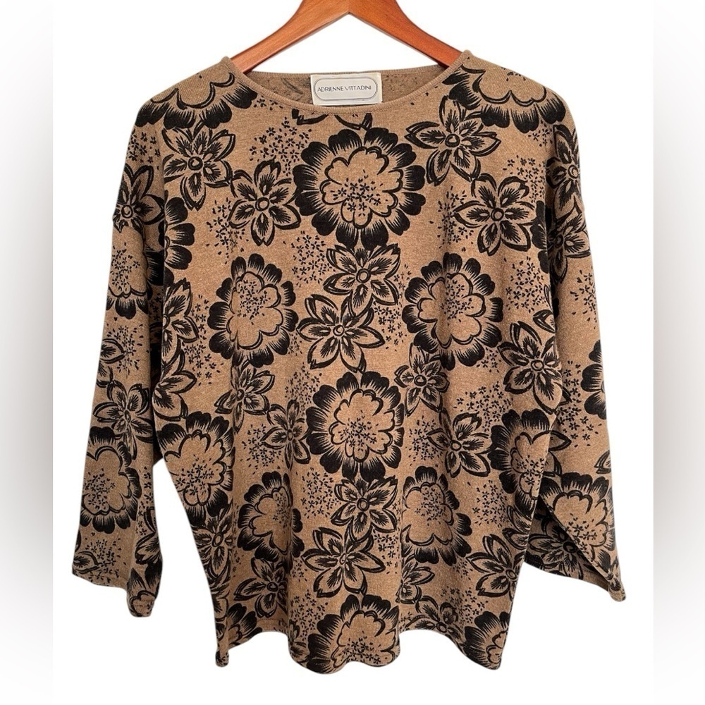 Adrienne Vittadini Tan Black Floral Knit Sweater Size Large
